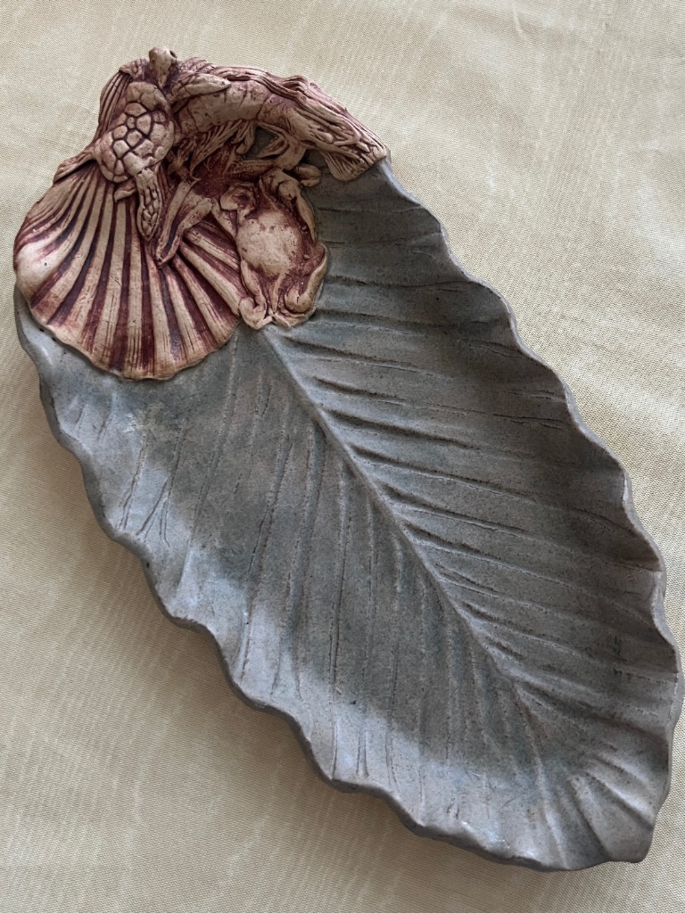 Studio Art Pottery Palm Leaf Sea Turtle Leo & Karin Villaroman Signed 13 x 6"
